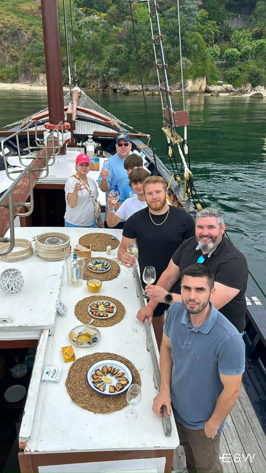 Eat & Walkabout - Sean O Rourke Food & Wine Tour Expert with Tiernan on Mussel boat cruise in Vigo