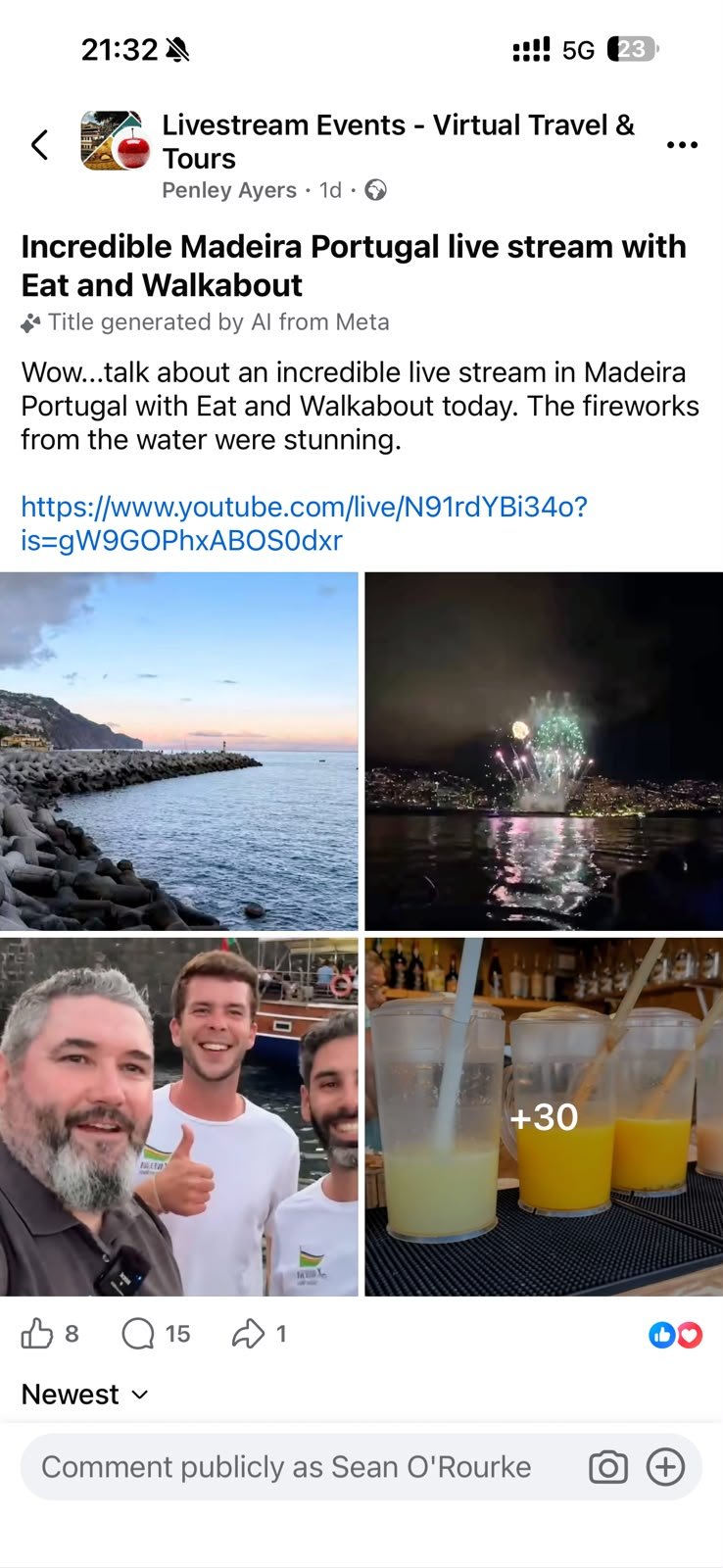Facebook community post sharing the Eat and Walkabout Madeira fireworks livestream
