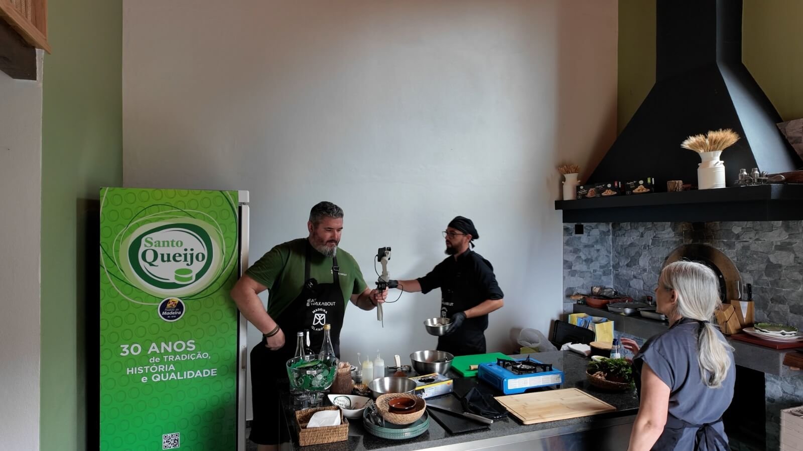 Sean filming Chef Sergio and Angie behind the scenes during the Santo da Serra Madeira cooking livestream