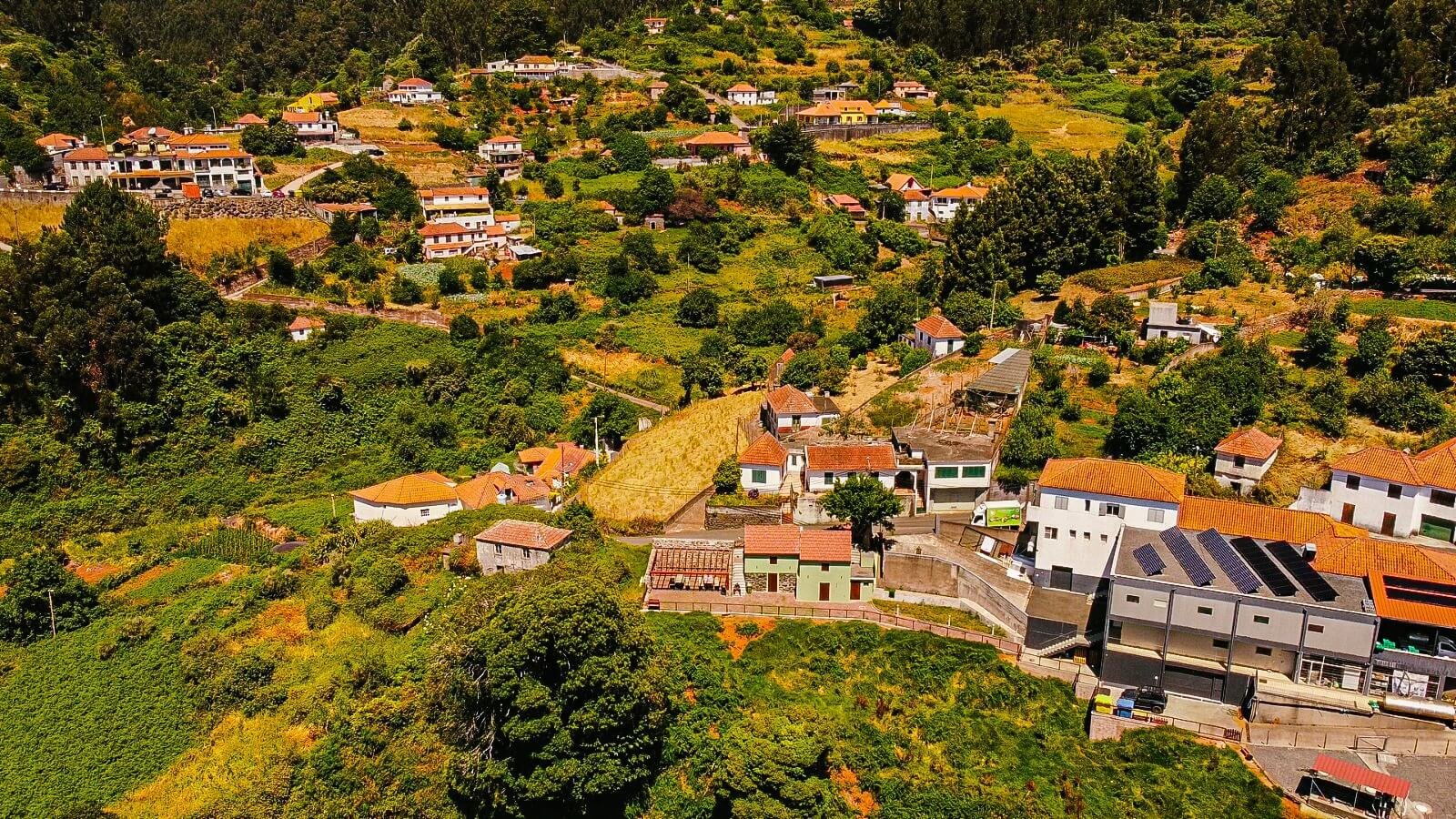 Aerial view of Santo Queijo and the green countryside of Santo da Serra Madeira