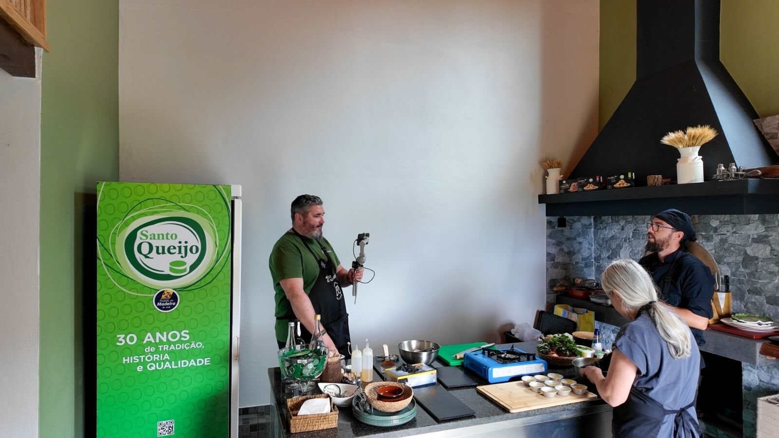 Sean, Angie and Chef Sergio during the Santo da Serra Madeira rural cooking livestream at Santo Queijo